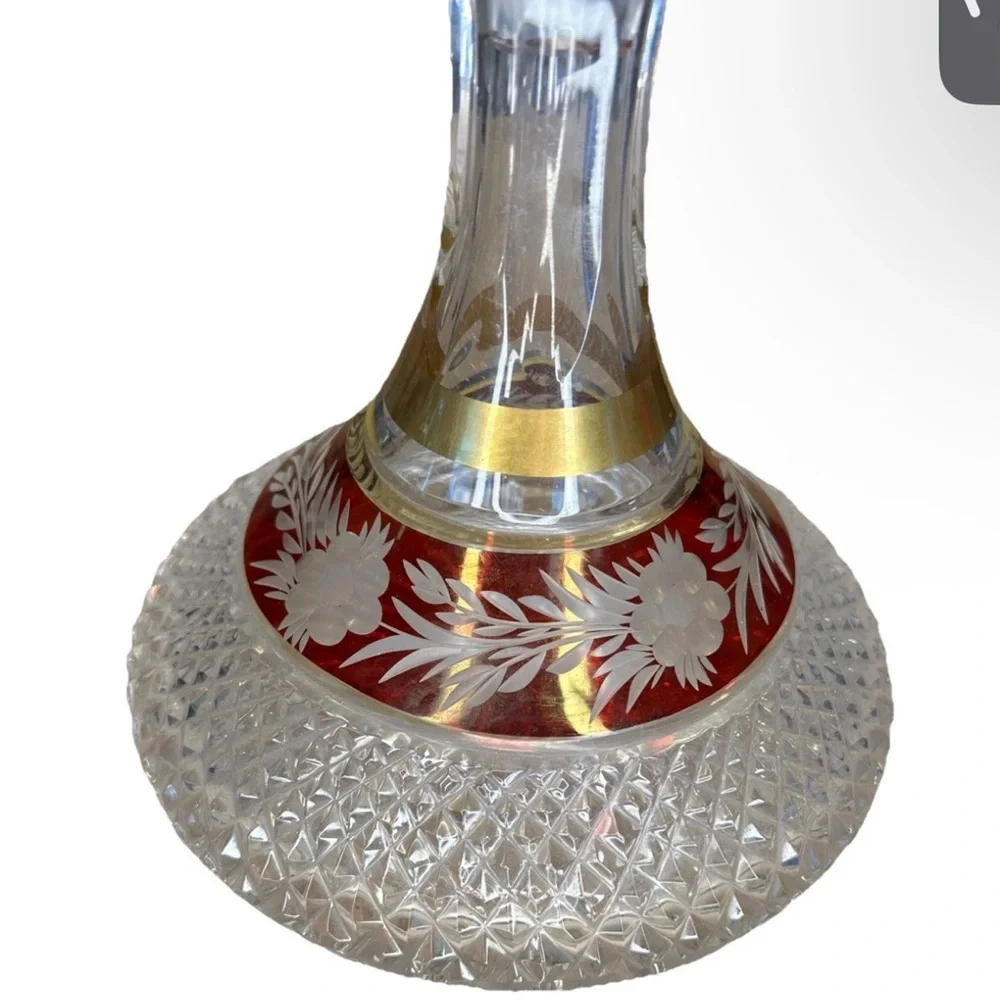 Vintage Golden Crown E&R Hand Cut Lead Crystal Brandy Decanter Ruby Red Overlay